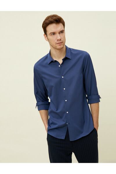 Koton Férfi sötétkék klasszikus galléros pamut hosszú ujjú ing