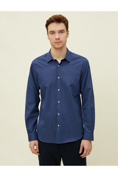 Koton Férfi sötétkék klasszikus galléros pamut hosszú ujjú ing
