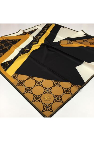 19V69 ITALIA Eșarfă De Sarg Neagră Caramel Seria Neagră 90x90 Cm Cu Agatator Eșarfă Și Set Cadou