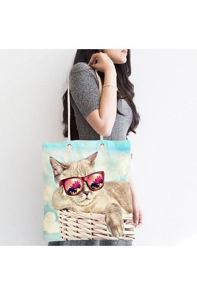 Realhomes Unisex Cat with Glasses in Basket Printed Μοντέρνα τσάντα παραλίας με φερμουάρ