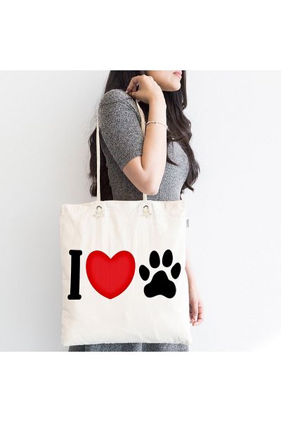 Realhomes I Love Digital Printed Paw Trace Μοντέρνα τσάντα παραλίας με φερμουάρ