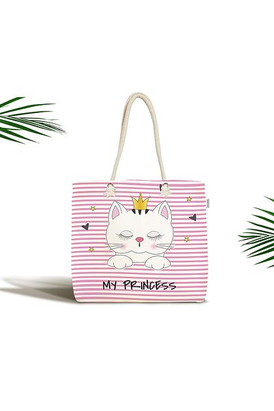 Realhomes Υφασμάτινη τσάντα με φερμουάρ My Princess Kitten με κορώνα σε ροζ γραμμές