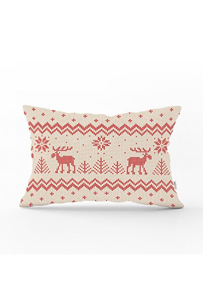 Realhomes Kanaviçe Motifli Yılbaşı Temalı Dijital Baskılı Dikdörtgen Kırlent ...