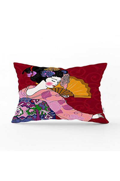 Realhomes غطاء وسادة مستطيل مزخرف على شكل امرأة يابانية مع مروحة
