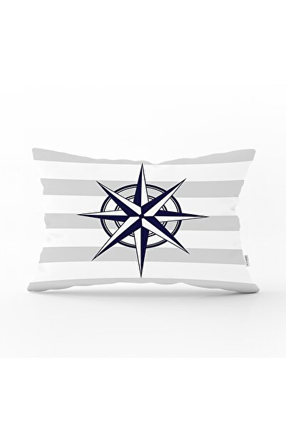 Realhomes غطاء وسادة مستطيل حديث مطبوع رقميًا بنمط بوصلة على أرضية رمادية وبيضاء