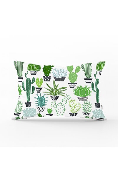 Realhomes Husă de pernă dreptunghiulară cu model cactus verde pe fundal alb