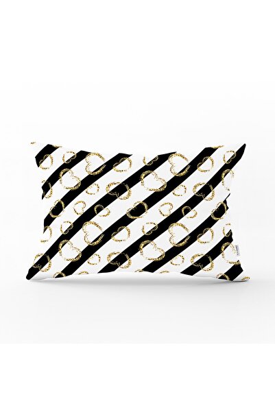 Realhomes Gold Detailed Heart Patterned Modern Rectangular Pillow Cushion Cov...