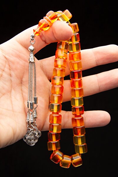 OTTOTESBİH Erkek Sarı Kırmızı Tekerlek Kesim Süzmesi Kokulu Toz Kehribar Tesbih 9x12 mm