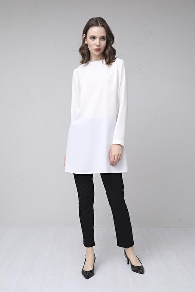 Moodbasic Women's Ecru Long Sleeve Crepe Tunic