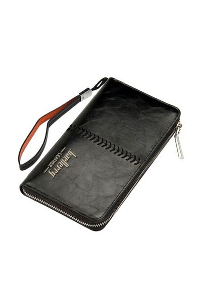 baellerry Men's Black Leather Zippered Patent Leather Long Wallet