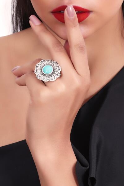 LABALABA Kadın Antik Gümüş Kaplama Renki Boncuk Detaylı Çiçek Stilizesi Yüzük