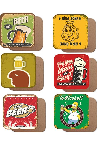 Hayat Poster Bira Temalı 6lı Retro Ahşap Bardak Altlığı Seti
