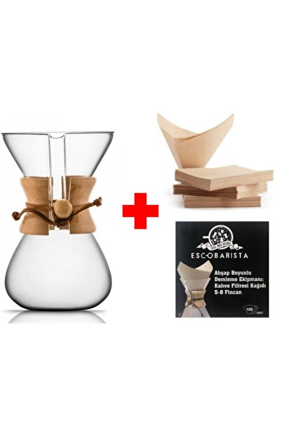 Escobarista Ahşap Boyunlu Cam Demleme Ekıpmanı 6 Cups & Filtre Kağıdı 100'lü Paket