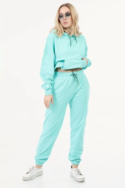 İkmal Kadın Mint Crop Model Kapüşonlu Takım