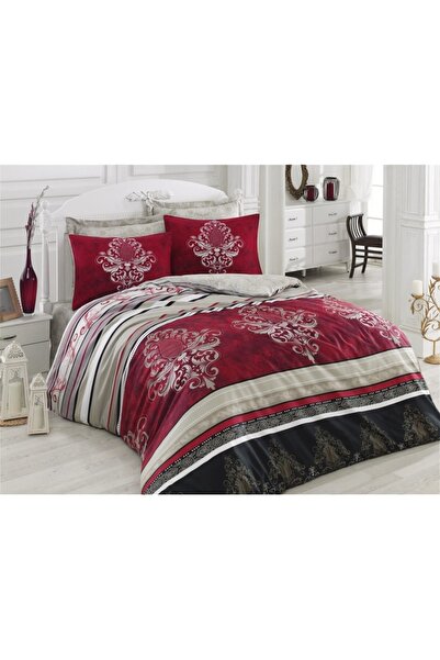 Cotton Box طقم غطاء لحاف مزدوج من الساتان أزرا كلاريت أحمر