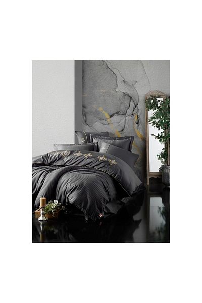 Cotton Box Embroidered King Anthracite Double Satin Duvet Cover Set