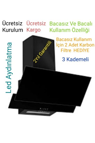 Alveus Bacasız Borusuz Siyah Cam Eğimli Davlumbaz Led Aydınlatma