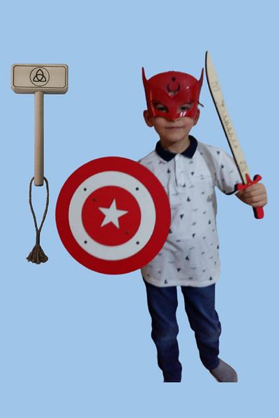 Ahtek Set of 4 Wooden Toys - Turkey Mask, Shield, Sword and Thor Hammer