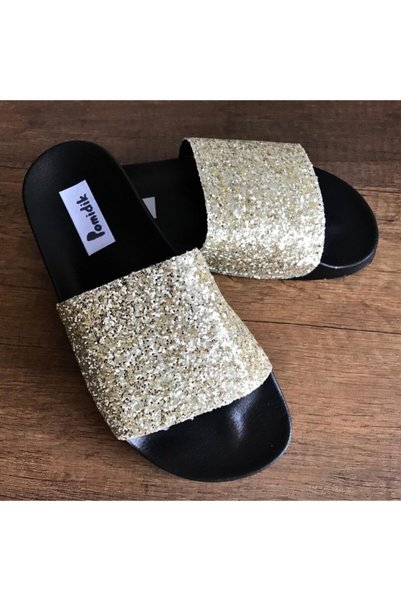 Pomidik Women's Gold Glitter Shiny Single Strap Summer Slippers