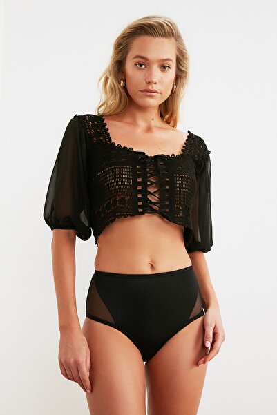 Trendyol Collection Black Tulle Detailed High Waist Bikini Bottom TBESS20BA0239