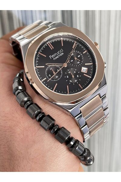 Ferrucci Men's Rose Gold Silver Color Large Case Metal Cord Wrist Watch + Hematite Natural Stone Bracelet