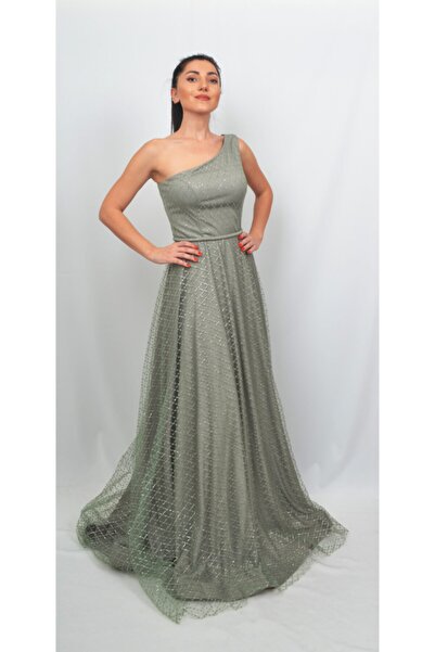 ALİS DRESS Kadın Yeşil Tek Omuzlu Kare Desenli Limon Küfü Rengi Tül Abiye