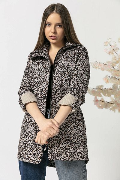 diaves Women's High Collar Leopard Patterned Midi Size Raincoat with Pockets