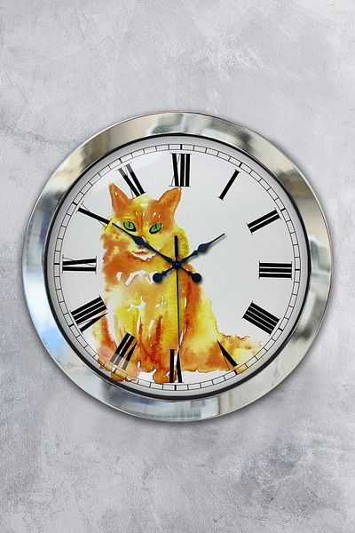 Kasva Concept Gift 36 cm Chrome Metal Cat Wall Clock