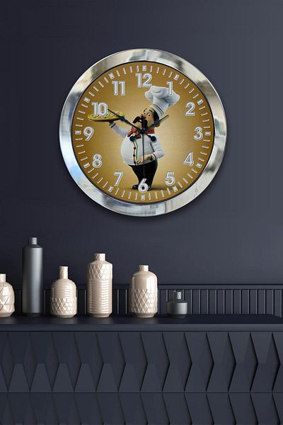 Kasva Concept Gift 36 Cm Chrome Metal Chef Kitchen Wall Clock