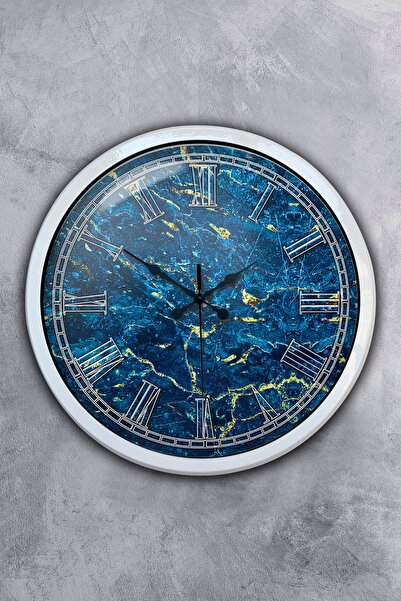 Platin Saat ساعة حائط رخام بيضاء معدنية زرقاء مقاس 40 سم