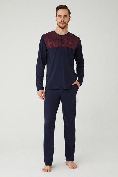 Mod Collection Men's Claret Red Patchwork Pajama Set