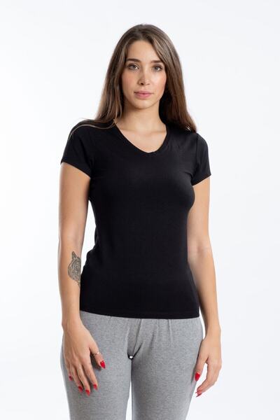 SEASOUL Tricou de damă negru cu decolteu în V din bambus