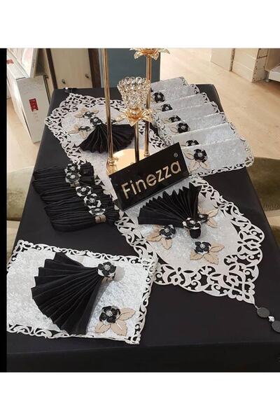 Finezza Afife Kadife Gümüş Siyah Sofra Takımı 8 Kişilik 160x230 Cm 34 Parça - 50