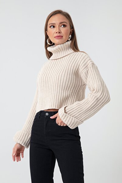 Lafaba Women's Stone Wide Ribbed Turtleneck Knitwear Crop Sweater