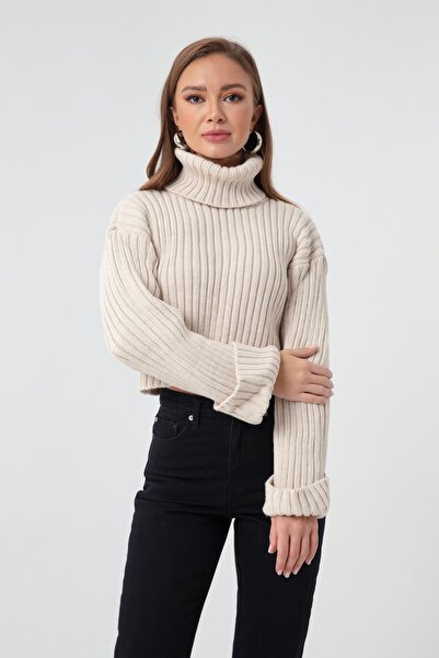 Lafaba Women's Stone Wide Ribbed Turtleneck Knitwear Crop Sweater