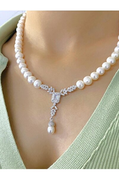MaGümüş Baget Zirkon Pırlanta Model 925 Gümüş Inci Gerdanlık Kolye