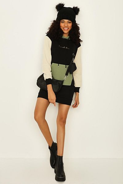 Select Moda Women's Black Color Blocked Hooded Sweat Dress
