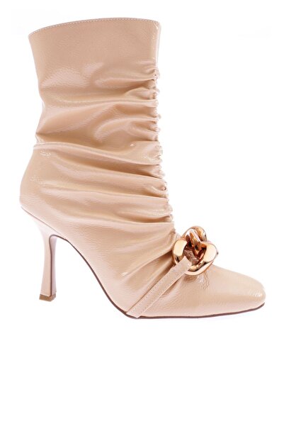 DGN Women's Blunt Toe Gathered Metal Buckle Thin Heeled Boots Nude Wrinkled P...