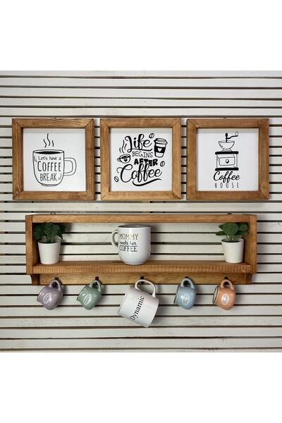 TrendTablom Kahve Köşesi Fincan Raflı Askılıklı Ahşap Tablo Seti Çerçeveli Du...