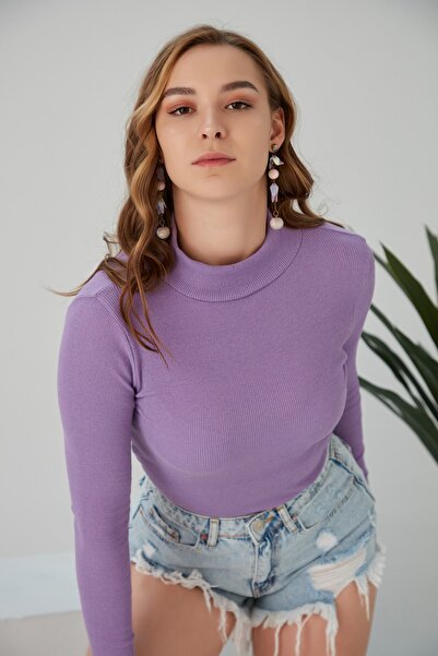 CATSPY Kadın Halter Yaka Uzun Kollu Fitilli Crop Bluz