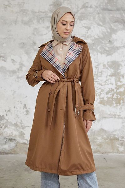 InStyle Eleta Double Breasted Collar Plaid Trench Coat - Tan