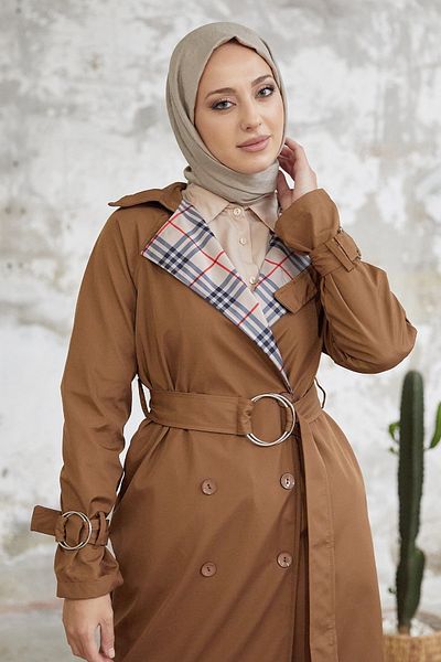 InStyle Eleta Double Breasted Collar Plaid Trench Coat - Tan
