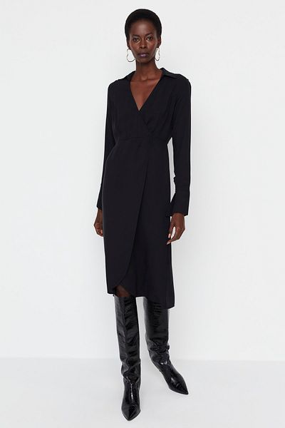 Trendyol Collection Λεπτομερές υφαντό φόρεμα μαύρο γιακά TWOAW23EL01114