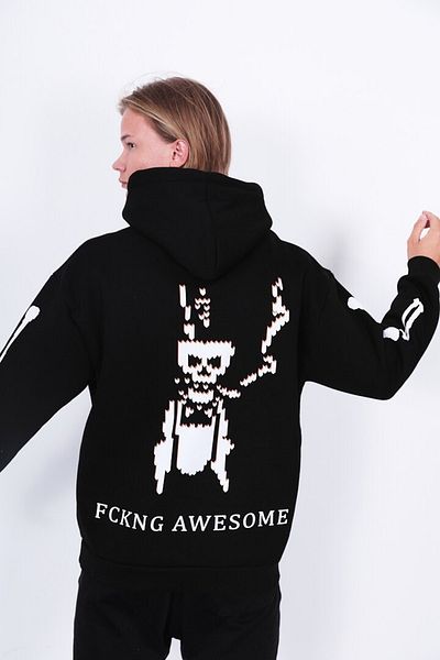 Saw Urbanity Unisex Hooded Oversize Ribbed 3 Thread Kangaroo Pocket Sweatshirt Bone And Bee Printed Hoodie