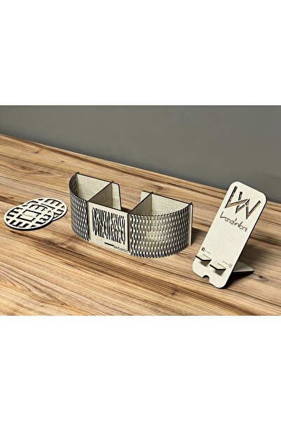 LandiWork Ahşap Vizon 3 Bölmeli Kalemlik, Ahşap Masa Üstü Kalemlik - Isimlik, Ahşap Bölmeli Masaüstü Organizer