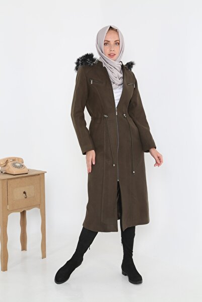 KMKkombin Palton de damă din cașmir cu glugă din shearling