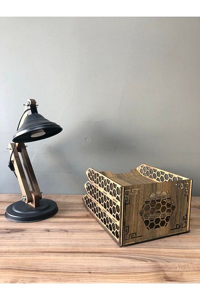 LandiWork رف خشبي مكون من 3 طبقات - حواف على شكل قرص العسل وحافظة ملفات مقاس A4