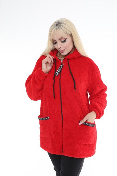 BİrHoşButik بالإضافة إلى حجم ليكرا لينة جيب مقنعين زيبر مضلع الشتاء الاتجاه الأحمر سترة الصوف القطيفة