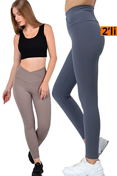 VOSSAX 2'li Tayt Fitilli Yüksek Bel Toparlayıcı Spor Tayt Çapraz Bel Detaylı Vizon + Indigo