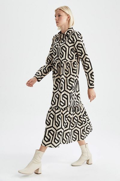 DeFacto Shirt Collar Printed Poplin Maxi Long Sleeve Dress